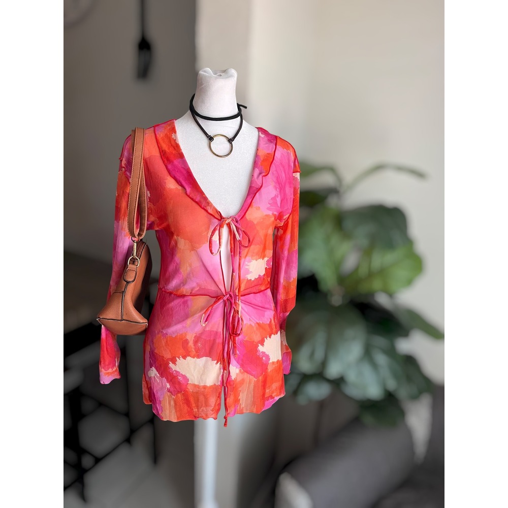SHEIN Abstract Print Sheer Mesh Tie-Front Long Sleeve Top Size S